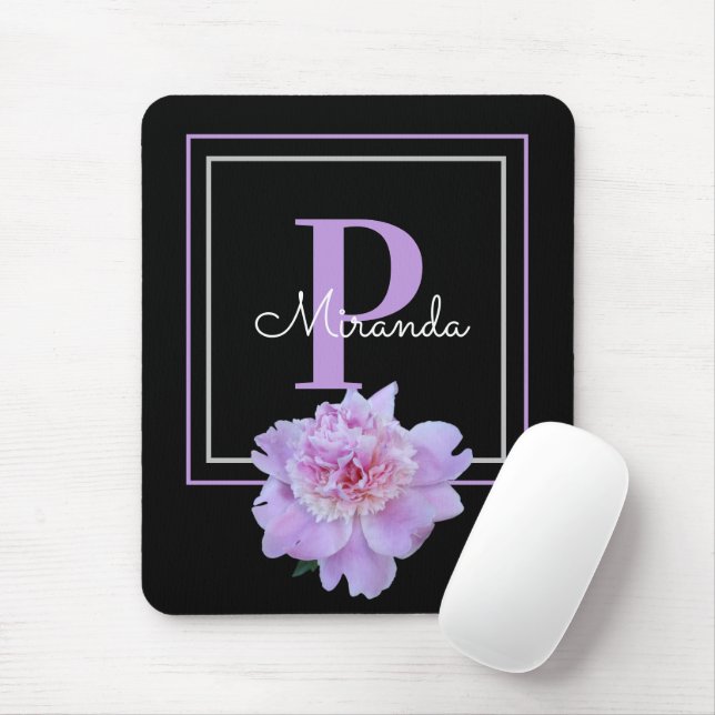 Tapis De Souris Monogramme violet rose pivoine noir (Avec souris)