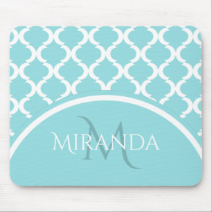 Tapis De Souris Monongramme et nom du Quatrefoil Aqua Grand tendan