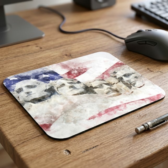 Tapis De Souris Mont Rushmore Aquarelle avec drapeau américain (Mount Rushmore Watercolor with American Flag. Mouse Pad)