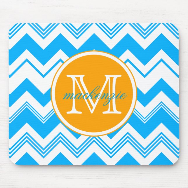 Tapis De Souris Motif blanc bleu nommé de Chevron de monogramme (Devant)