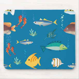 Tapis De Souris Motif bleu illustré de poissons et hippocampes mod