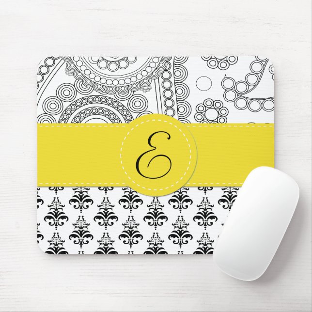 Tapis De Souris Motif Damas, Damas noir et blanc, Monogramme (Avec souris)