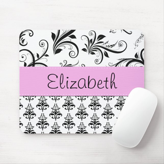 Tapis De Souris Motif Damas, Damas noir et blanc, Votre nom (Avec souris)