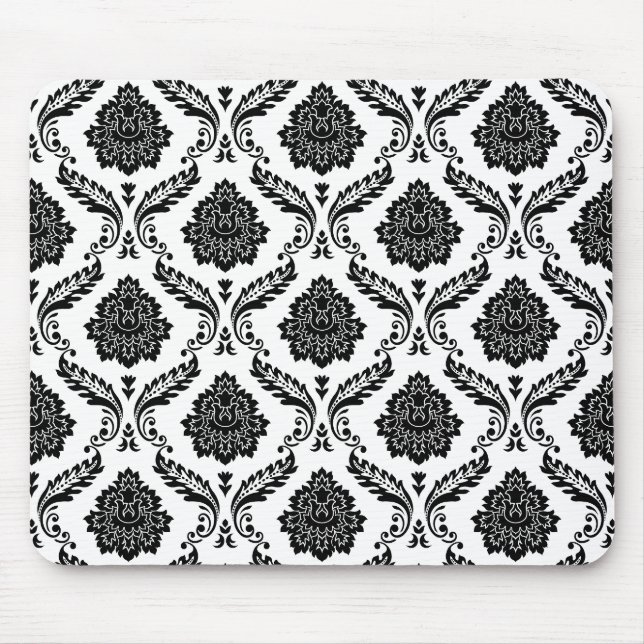 Tapis De Souris Motif Damassé Rococo Noir sur Blanc (Devant)