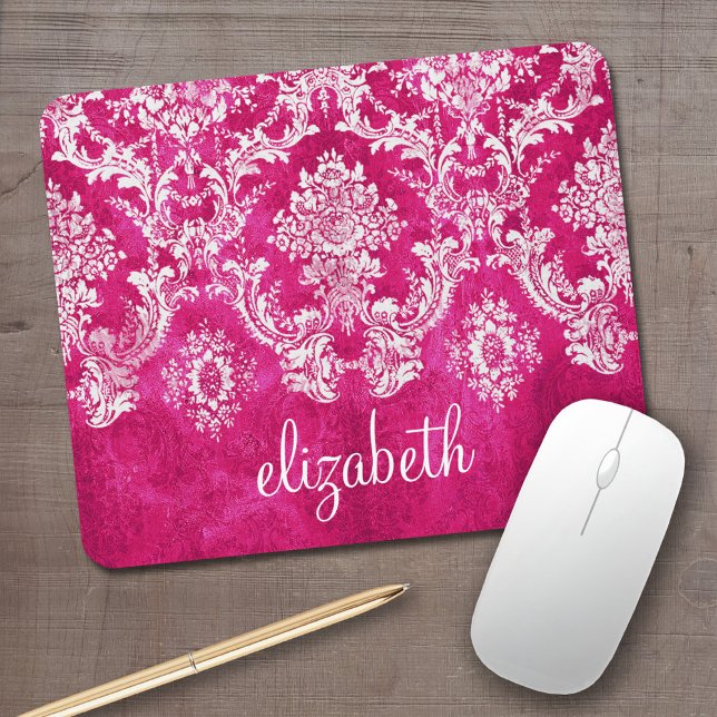 Tapis De Souris Motif de Damas de Grunge rose chaud Texte personna (Personalized Mousepad - Add Your Name to this template)