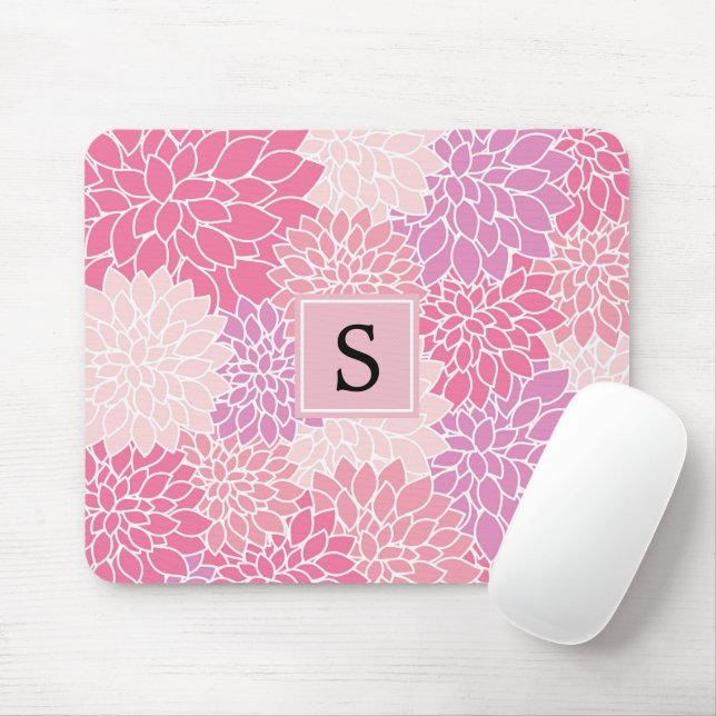 Tapis De Souris Motif De Fleurs, Fleurs De Dahlia Rose, Monogramme (Avec souris)