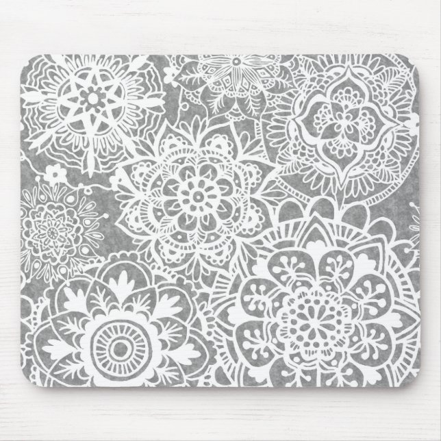 Tapis De Souris Motif de mandala blanc et gris doux (Devant)
