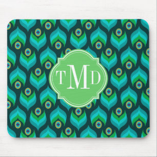 Tapis De Souris Motif de plumes Peacock Monogramme personnalisé
