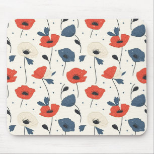 Tapis De Souris Motif de Poppies d'aquarelle - Rouge, Bleu et Blan
