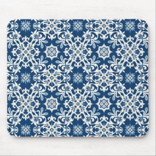Tapis De Souris Motif d'ornement boho en blanc-bleu vintage