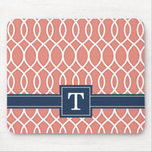 Tapis De Souris Motif en treillis rose bleu marine monogramme
