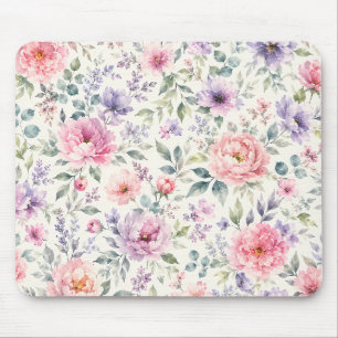 Tapis De Souris Motif floral de pivoines et de lavande à l'aquarel