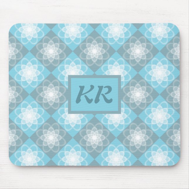 Tapis De Souris Motif géométrique moderne Monogramme bleu et gris (Devant)