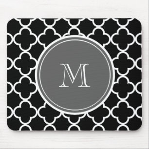 Tapis De Souris Motif noir de Quatrefoil, monogramme gris