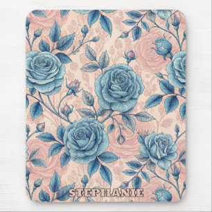 Tapis De Souris Motif Rose bleu rétro sur Arrière - plan rose doux