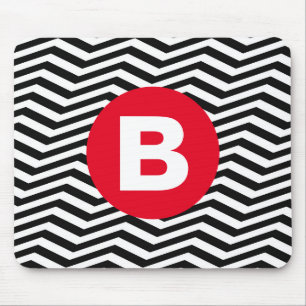 Tapis De Souris Motif Zig Zag Noir et Blanc Monogramme Rouge