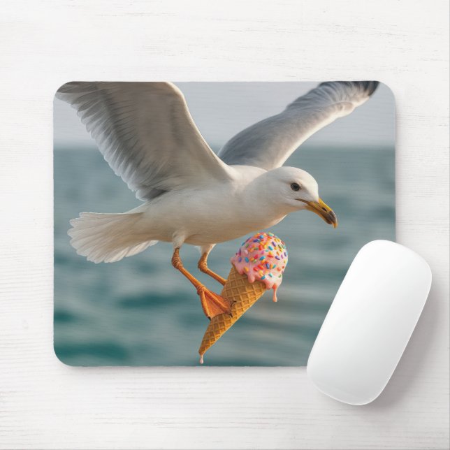 Tapis De Souris Mouette volante avec un cône de crème glacée fondu (Avec souris)