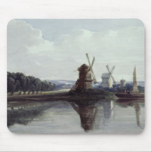 Tapis De Souris Moulins à vent par une rivière, 19ème siècle
