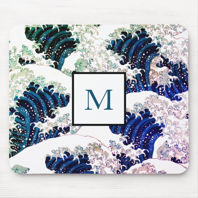 TAPIS DE SOURIS MOUSE PAD WAVE MOTIF JAPONAIS PERSONNALISÉ INITIAL (Devant)