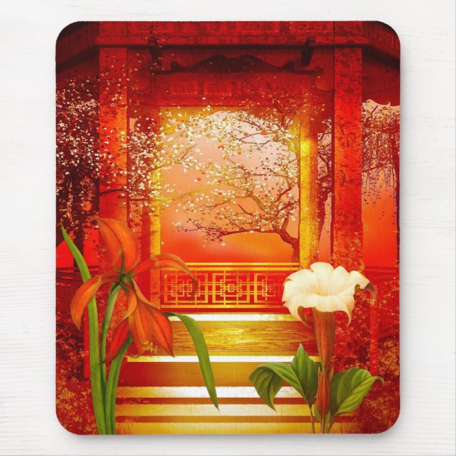 Tapis De Souris Mousepad Rouge jaune doré Floral (Devant)