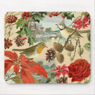 Tapis De Souris Mousepad vintage de Noël avec les oiseaux et la