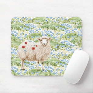 Tapis De Souris Moutons Coquelicots Rouges Fleurs Bleues Prairie