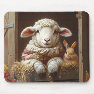 Tapis De Souris Moutons et lapin douillets en Grange avec Fleurs