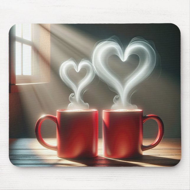 Tapis De Souris Mugs De Café Rouge Avec Coeurs Vapeurs (Devant)