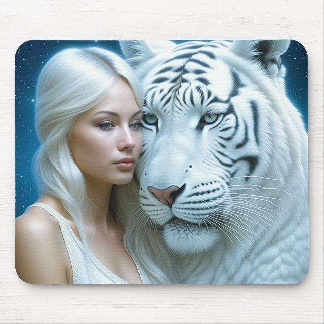 Tapis De Souris Mystique Tigre blanc et femme magique (Devant)