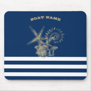 Tapis De Souris Nautique, Coquillages dorés Rayures bleu marine