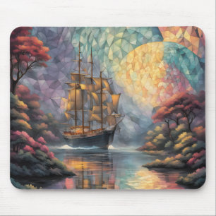 Tapis De Souris Navire à voiles polygonal et pleine lune