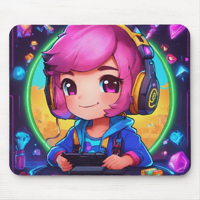 Tapis De Souris Neon Chibi Gamer Conception d'apprentissage (Devant)