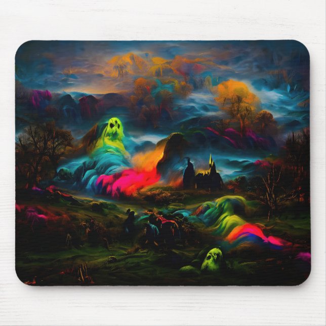 Tapis De Souris Neon Ghosts dans un paysage d'Imaginaire hanté (Devant)