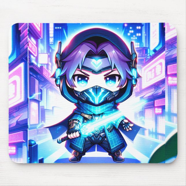 Tapis De Souris Neon Warrior - Chibi Cyber Ninja Mousepad (Devant)
