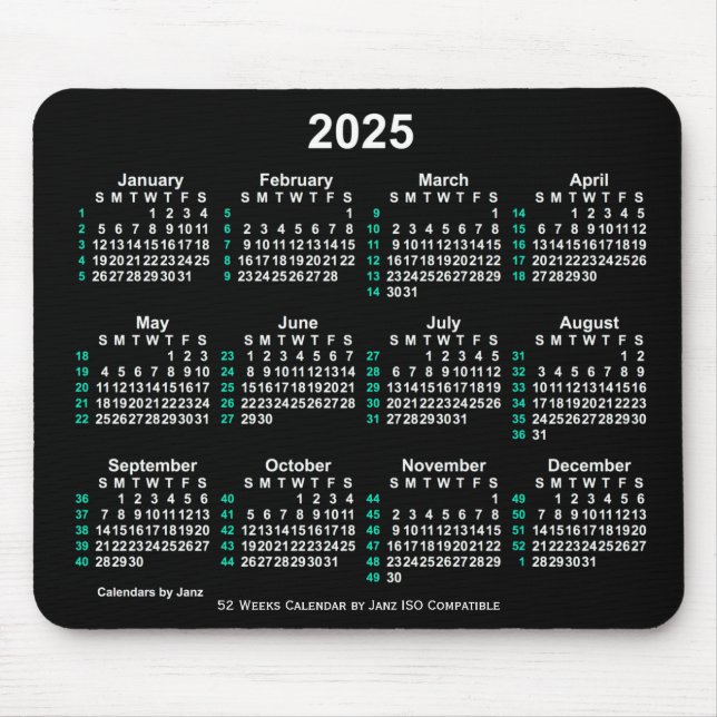 Tapis De Souris Neon White 2025 52 semaines Calendrier ISO par Jan (Devant)