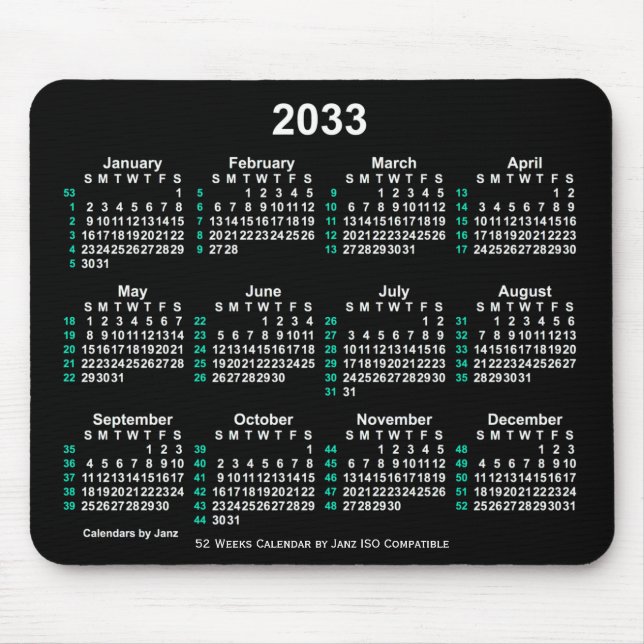 Tapis De Souris Neon White 2033 52 semaines Calendrier ISO par Jan (Devant)