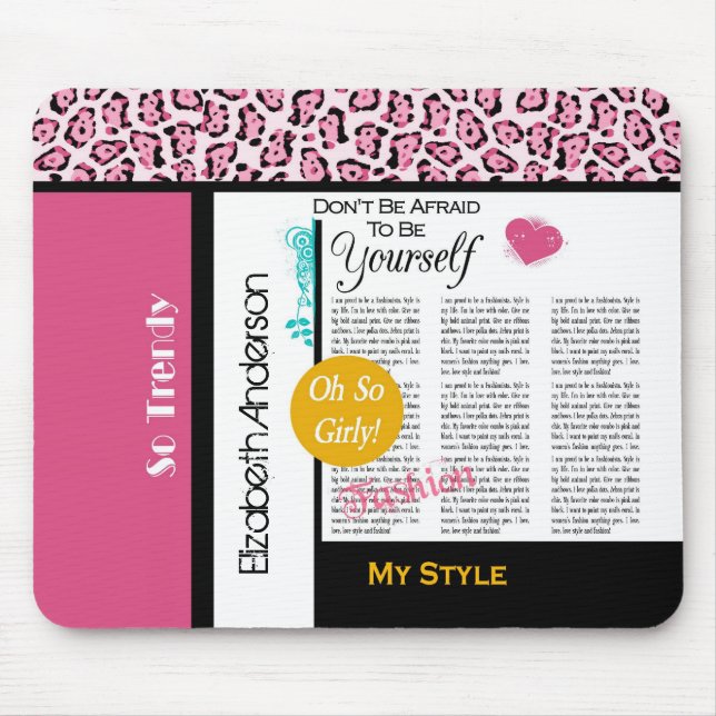 Tapis De Souris Newsprint de mode tendance léopard rose et nom (Devant)