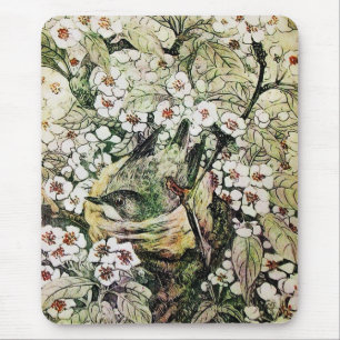 Tapis De Souris NID OISEAU, blanc brun vert jaune