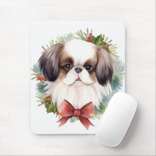 Tapis De Souris Noël Couronne de Chin Japonais Puppy Festif