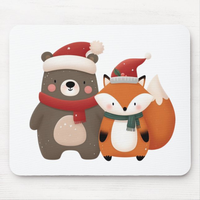 Tapis De Souris Noël/hiver Mignonne Ours et renard (Devant)