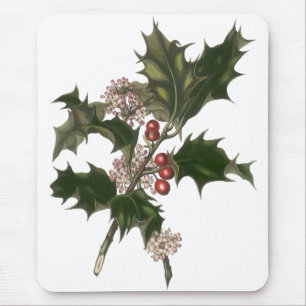 Tapis De Souris Noël vintage, plante de houx vert avec des baies