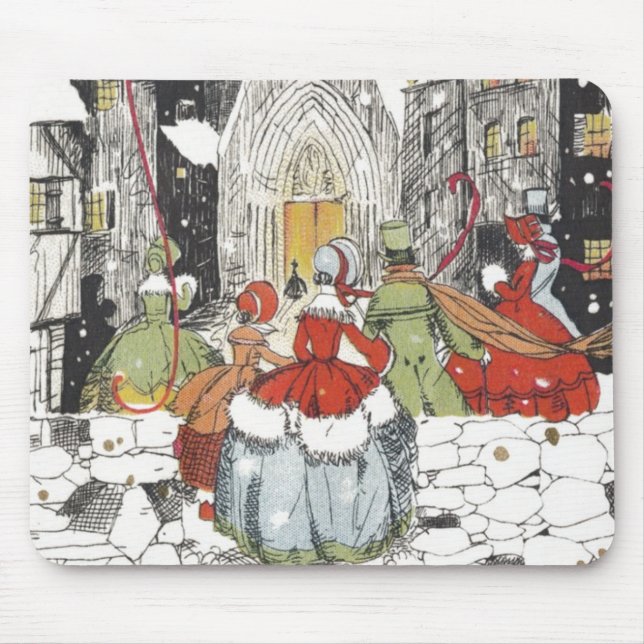 Tapis De Souris Noël vintage victorien personnes allant à l'église (Devant)