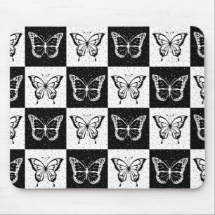 Tapis De Souris Noir blanc À damiers conception papillon