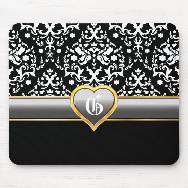Tapis De Souris Noir blanc damassé, argent gris coeur monogramme (Devant)