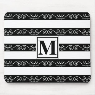 Tapis De Souris Noir Blanc rayé design Monogramme