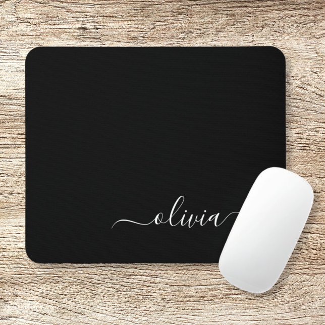 Tapis De Souris Noir Blanc Script Monogramme Nom Moderne (Créateur téléchargé)