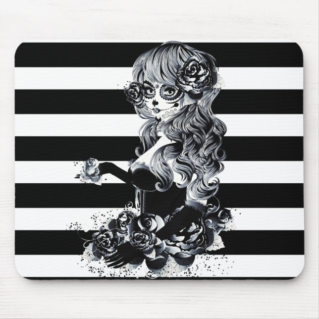 Tapis De Souris Noir & Blanc Striped Joli Crâne de sucre fille (Devant)