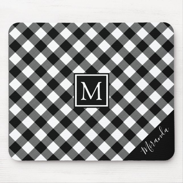 Tapis De Souris Noir et blanc Buffalo Check Plaid Nom du monogramm (Devant)