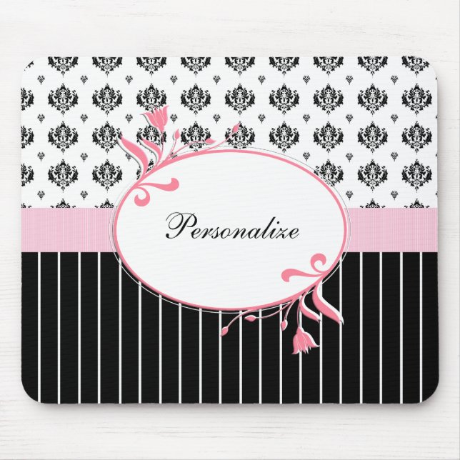Tapis De Souris Noir Et Blanc Damas Chic Rose Floral Avec Nom (Devant)