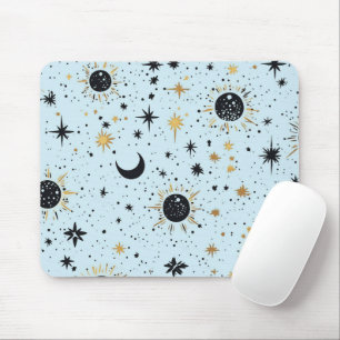 Tapis De Souris Noir, Or et Bleu Soleil Lune Étoiles Célestes